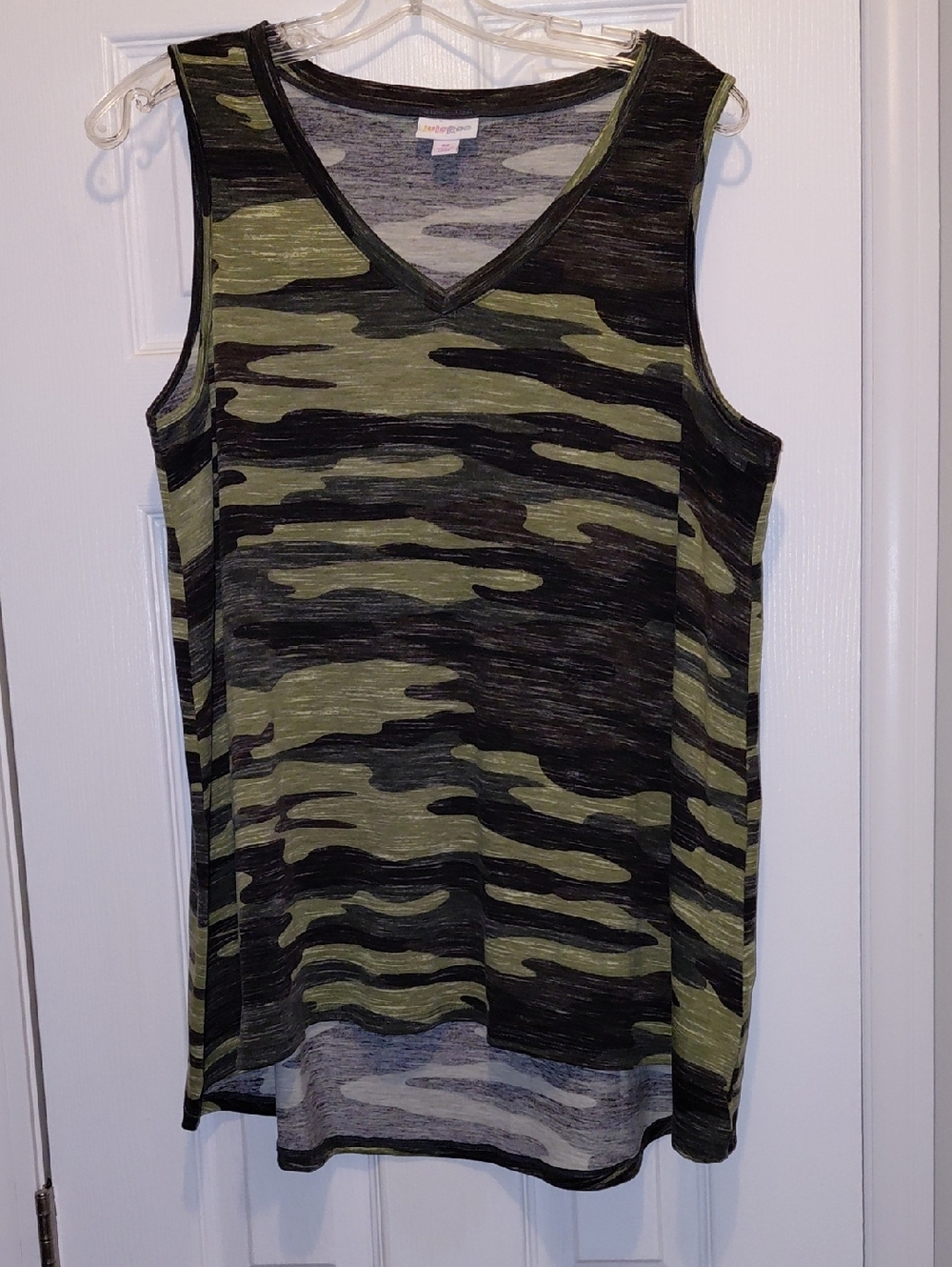 LuLaRoe Green and Black Camo V-Neck Tank Top